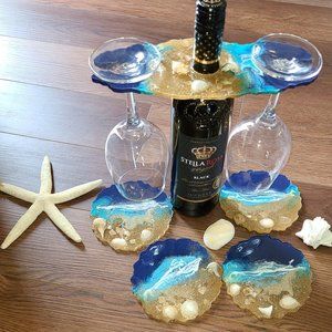 Beautiful Beachy Handmade Wine Caddy with Matching Coasters